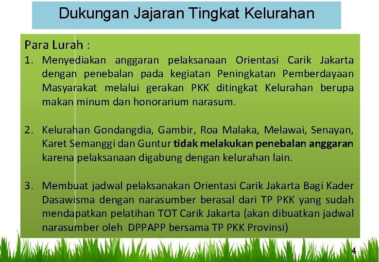 Dukungan Jajaran Tingkat Kelurahan Para Lurah : 1. Menyediakan anggaran pelaksanaan Orientasi Carik Jakarta