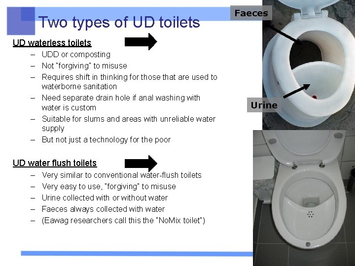 Two types of UD toilets Faeces UD waterless toilets – UDD or composting –