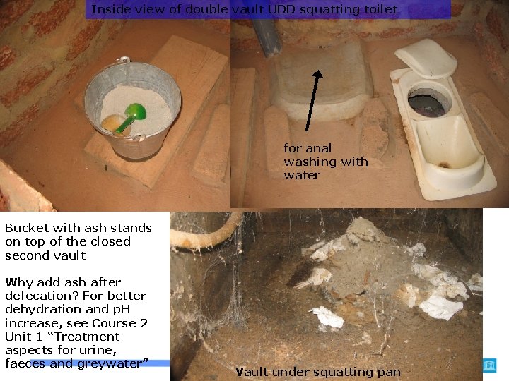 Inside view of double vault UDD squatting toilet for anal washing with water Bucket