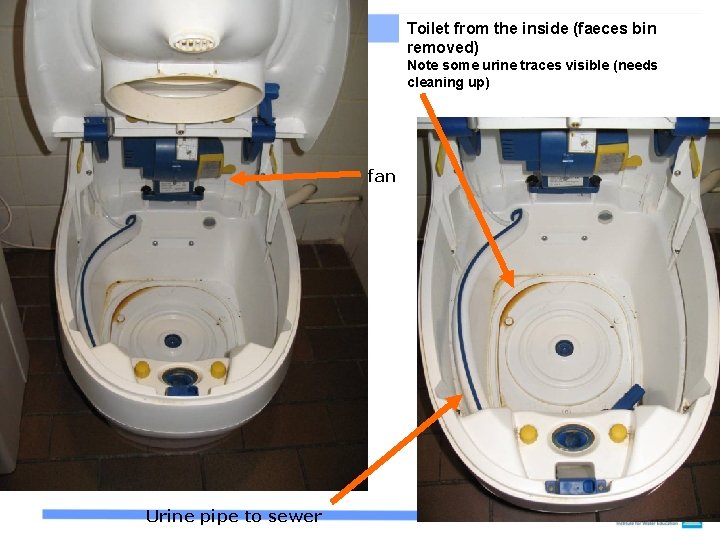 Toilet from the inside (faeces bin removed) Note some urine traces visible (needs cleaning