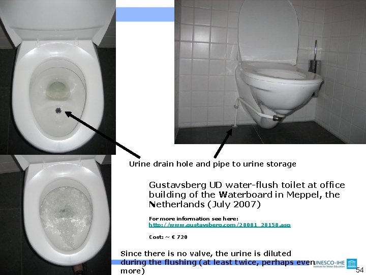 Urine drain hole and pipe to urine storage Gustavsberg UD water-flush toilet at office