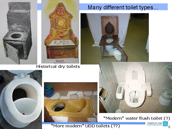 Many different toilet types… Historical dry toilets “Modern” water flush toilet (? ) “More