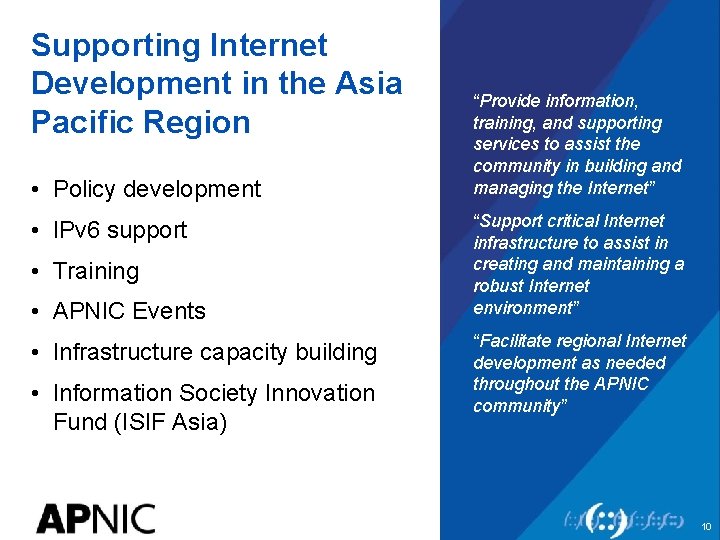 Supporting Internet Development in the Asia Pacific Region • Policy development • IPv 6