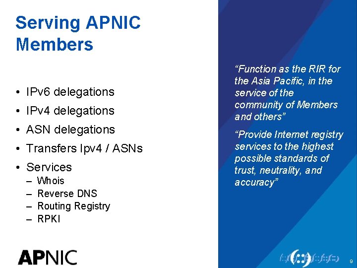 Serving APNIC Members • IPv 6 delegations • IPv 4 delegations • ASN delegations