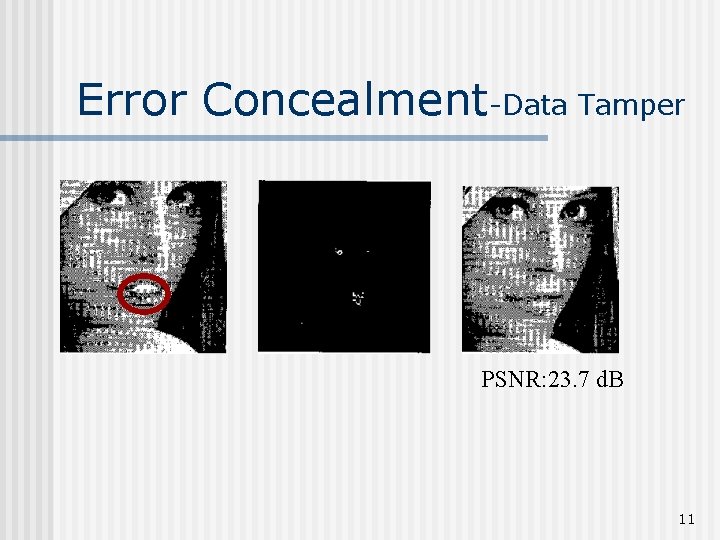 Error Concealment-Data Tamper PSNR: 23. 7 d. B 11 
