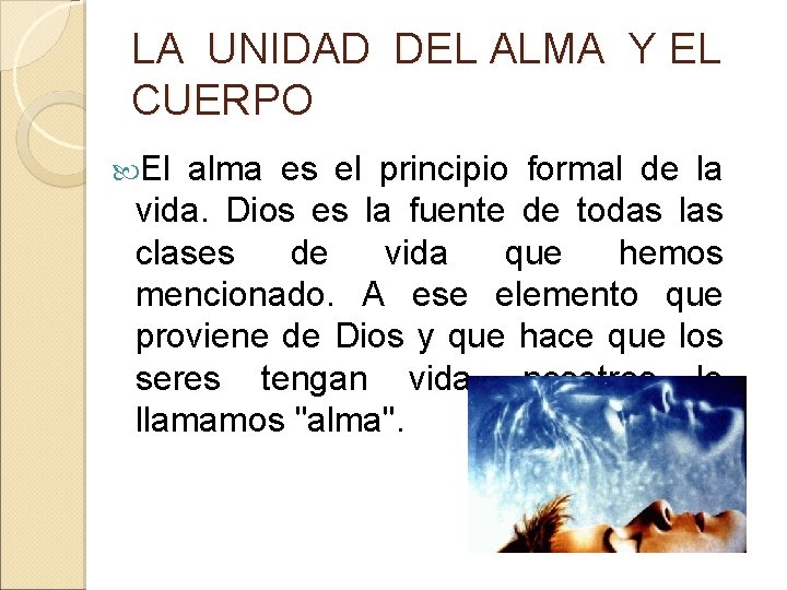 LA UNIDAD DEL ALMA Y EL CUERPO El alma es el principio formal de