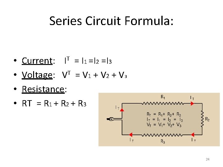 Series Circuit Formula: • • Current: IT = I 1 =I 2 =I 3 Series Circuit Formula: • • Current: IT = I 1 =I 2 =I 3