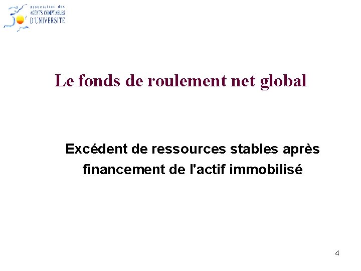 Le fonds de roulement net global Excédent de ressources stables après financement de l'actif