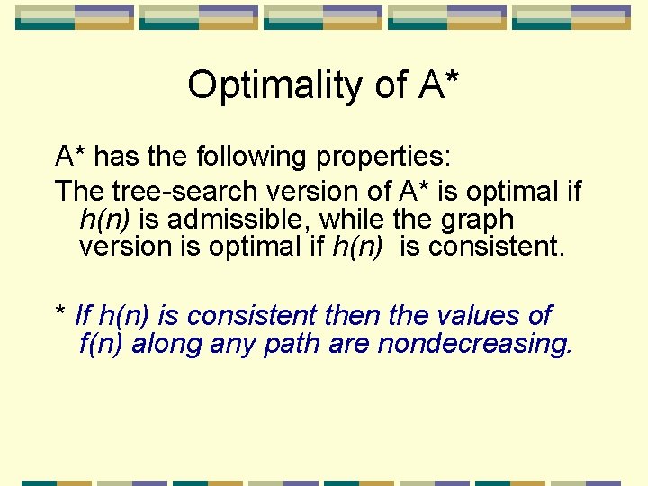 Optimality of A* A* has the following properties: The tree-search version of A* is