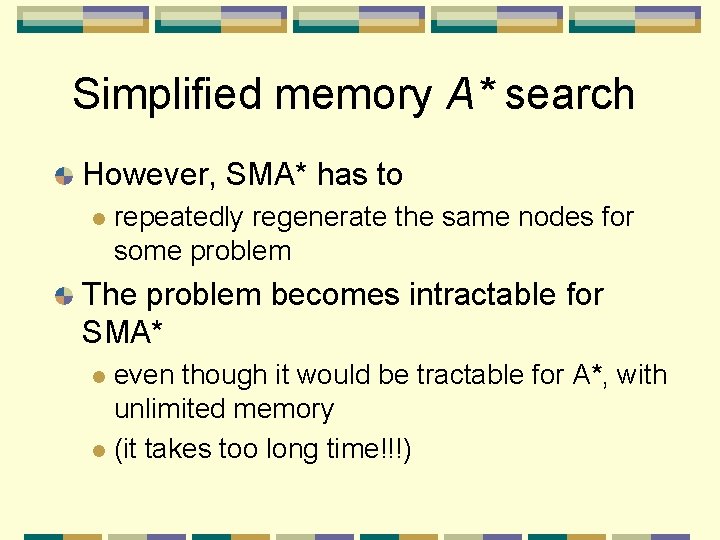 Simplified memory A* search However, SMA* has to l repeatedly regenerate the same nodes