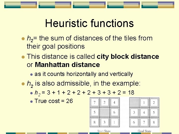 Heuristic functions h 2= the sum of distances of the tiles from their goal