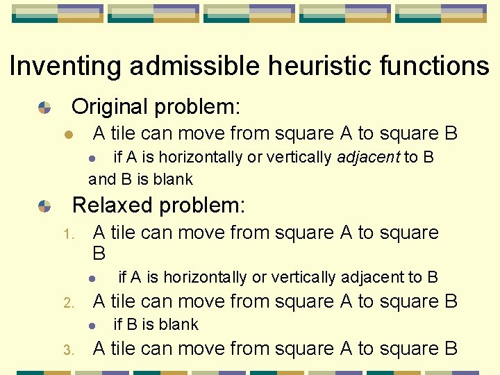 Inventing admissible heuristic functions Original problem: l A tile can move from square A