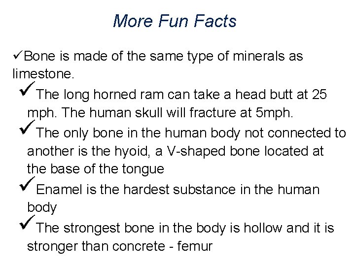 More Fun Facts üBone is made of the same type of minerals as limestone.