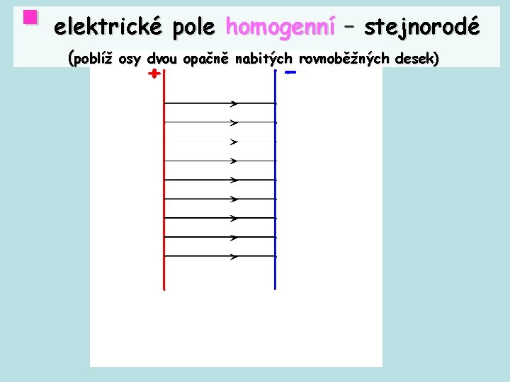 § elektrické pole homogenní – stejnorodé (poblíž osy dvou opačně nabitých rovnoběžných desek) 