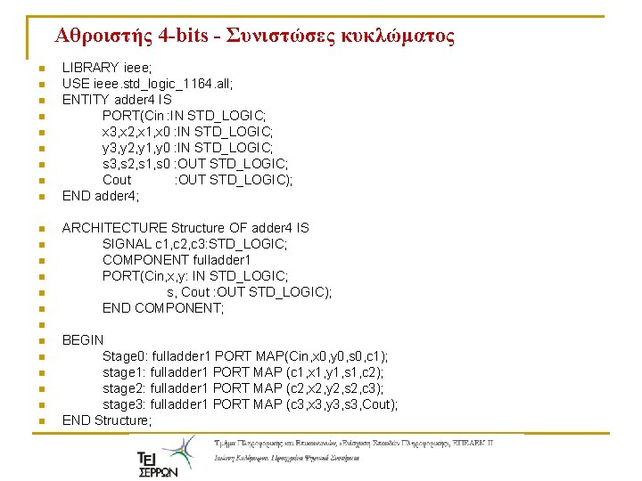 Αθροιστής 4 -bits - Συνιστώσες κυκλώματος n n n n LIBRARY ieee; USE ieee.