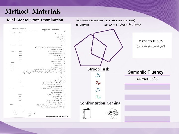 Method: Materials Mini-Mental State Examination (Folstein et al. 1975) 10. Copying آپ ﺍﺱ ڈﺮﺍﺋﻨگ