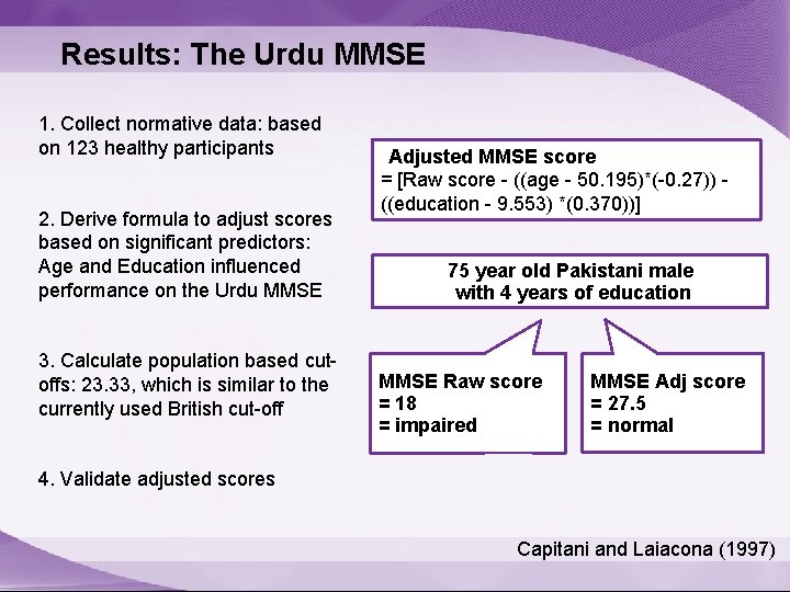 Results: The Urdu MMSE 1. Collect normative data: based on 123 healthy participants 2.