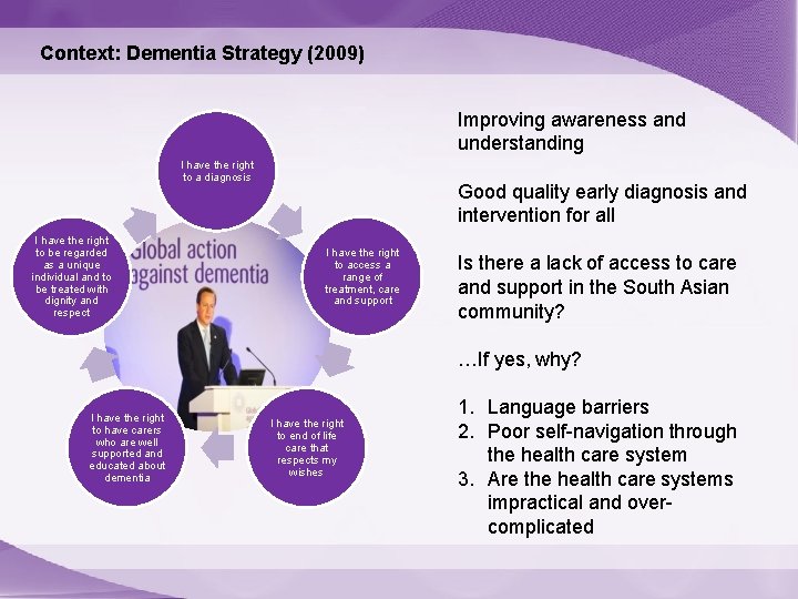 Context: Dementia Strategy (2009) Improving awareness and understanding I have the right to a
