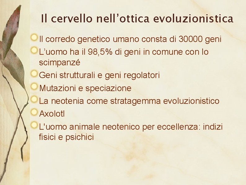 Il cervello nell’ottica evoluzionistica Il corredo genetico umano consta di 30000 geni L’uomo ha