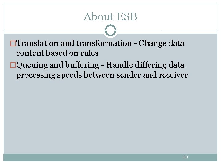 About ESB �Translation and transformation - Change data content based on rules �Queuing and About ESB �Translation and transformation - Change data content based on rules �Queuing and