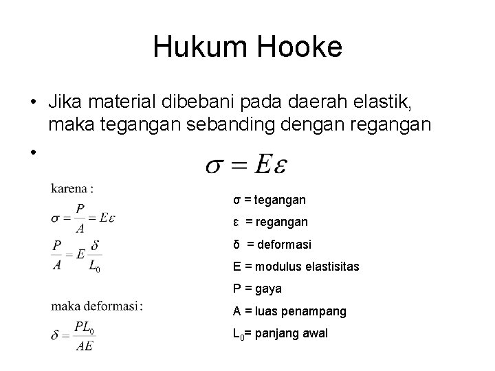 Hukum Hooke • Jika material dibebani pada daerah elastik, maka tegangan sebanding dengan regangan