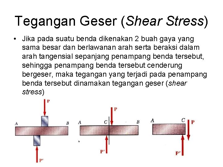 Tegangan Geser (Shear Stress) • Jika pada suatu benda dikenakan 2 buah gaya yang