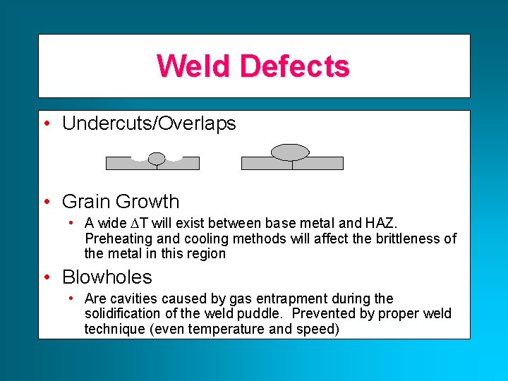 Weld Defects • Undercuts/Overlaps • Grain Growth • A wide T will exist between Weld Defects • Undercuts/Overlaps • Grain Growth • A wide T will exist between