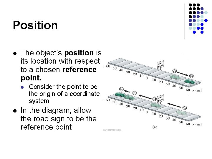 Position l The object’s position is its location with respect to a chosen reference Position l The object’s position is its location with respect to a chosen reference
