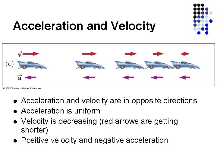 Acceleration and Velocity l l Acceleration and velocity are in opposite directions Acceleration is Acceleration and Velocity l l Acceleration and velocity are in opposite directions Acceleration is