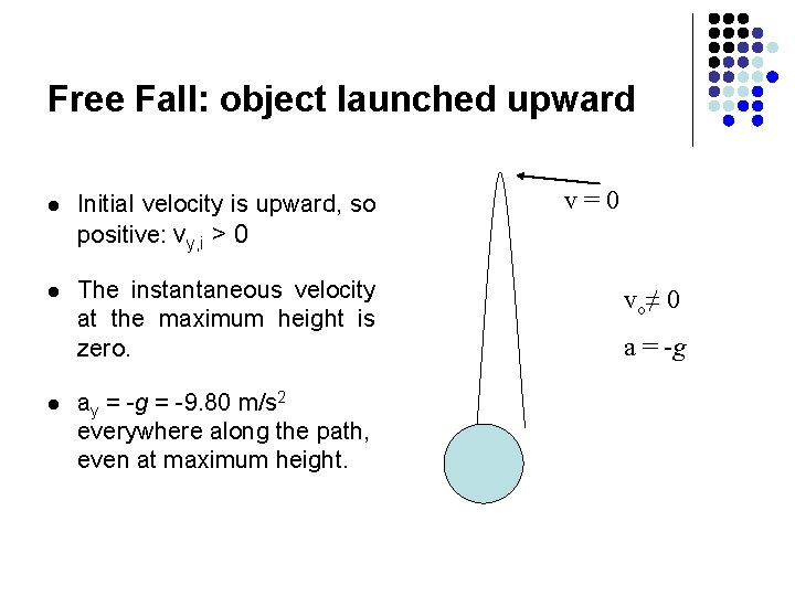 Free Fall: object launched upward l Initial velocity is upward, so positive: vy, i Free Fall: object launched upward l Initial velocity is upward, so positive: vy, i
