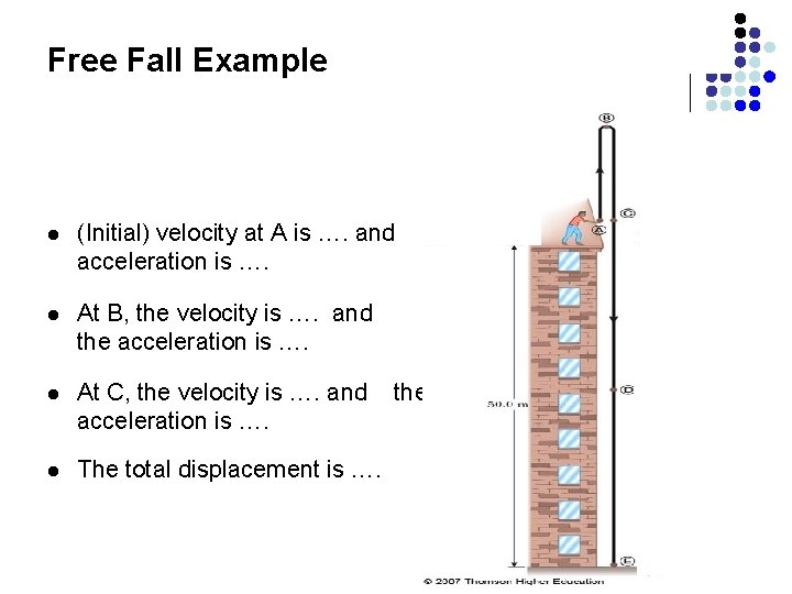 Free Fall Example l (Initial) velocity at A is …. and acceleration is …. Free Fall Example l (Initial) velocity at A is …. and acceleration is ….