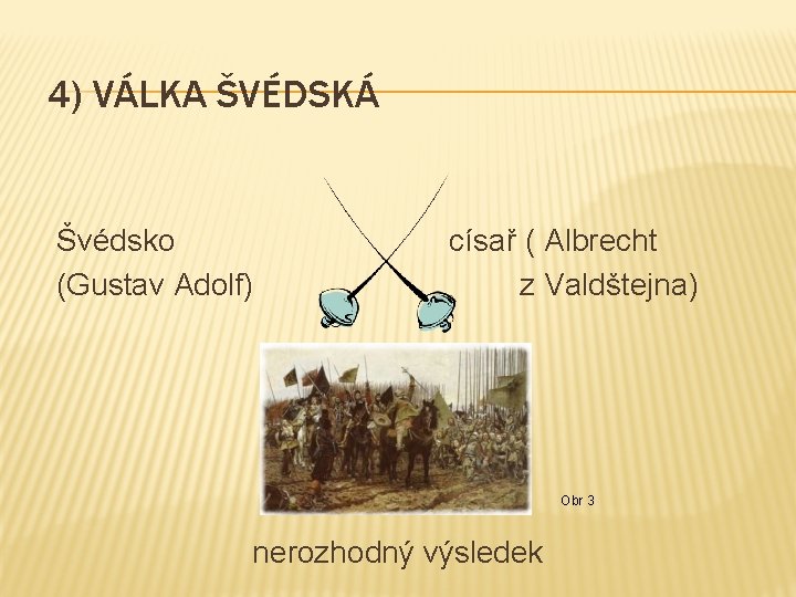 4) VÁLKA ŠVÉDSKÁ Švédsko císař ( Albrecht (Gustav Adolf) z Valdštejna) Obr 3 nerozhodný