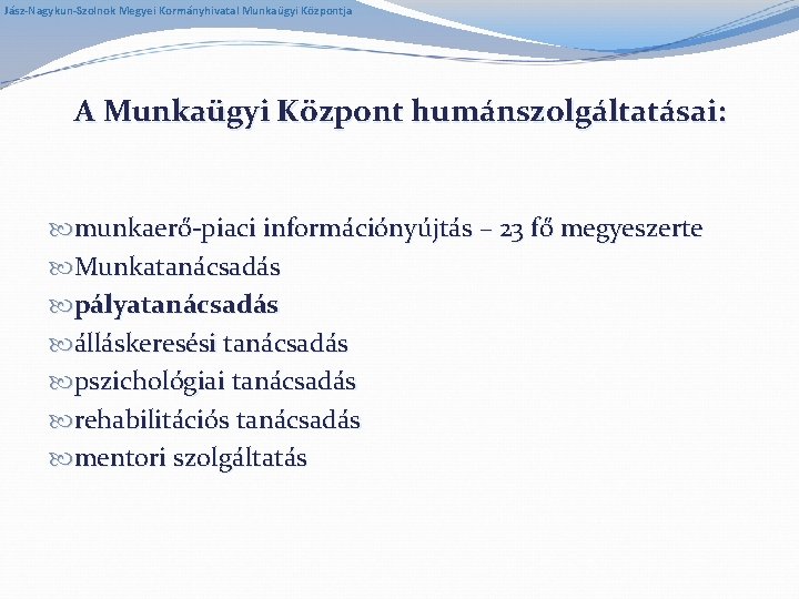 Jász-Nagykun-Szolnok Megyei Kormányhivatal Munkaügyi Központja A Munkaügyi Központ humánszolgáltatásai: munkaerő-piaci információnyújtás – 23 fő