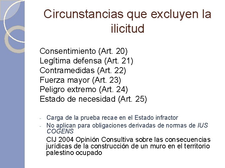 Circunstancias que excluyen la ilicitud Consentimiento (Art. 20) Legítima defensa (Art. 21) Contramedidas (Art.