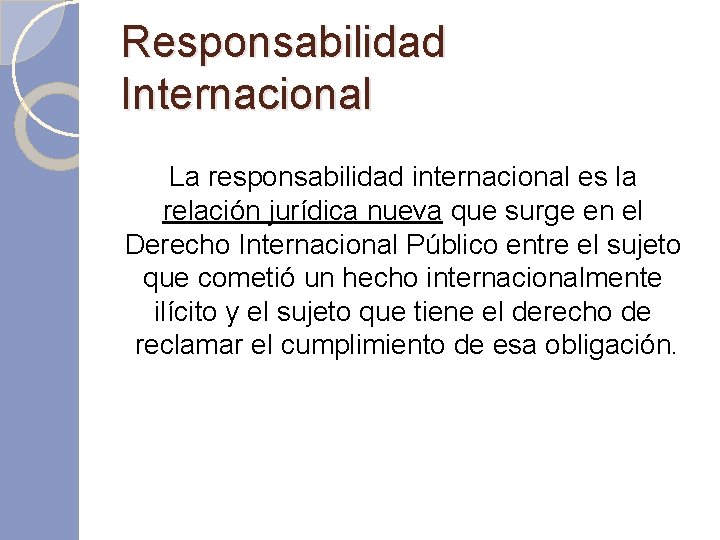 Responsabilidad Internacional La responsabilidad internacional es la relación jurídica nueva que surge en el