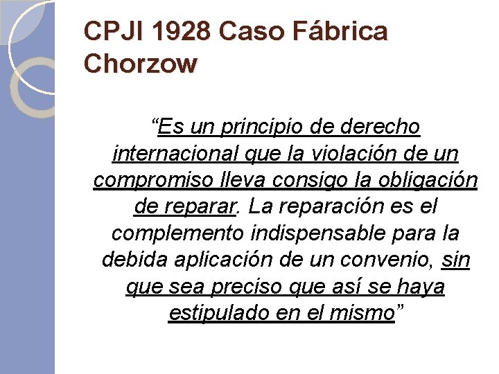 CPJI 1928 Caso Fábrica Chorzow “Es un principio de derecho internacional que la violación