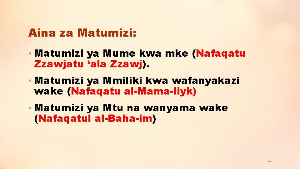 Aina za Matumizi: • Matumizi ya Mume kwa mke (Nafaqatu Zzawjatu ‘ala Zzawj). •