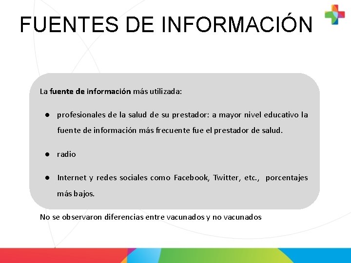 FUENTES DE INFORMACIÓN La fuente de información más utilizada: ● profesionales de la salud
