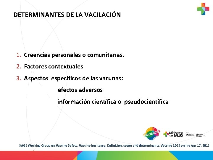 DETERMINANTES DE LA VACILACIÓN 1. Creencias personales o comunitarias. 2. Factores contextuales 3. Aspectos