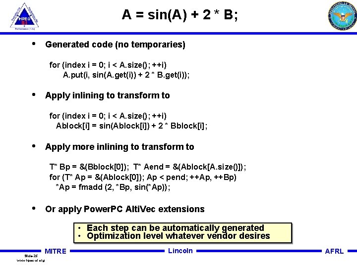 A = sin(A) + 2 * B; • Generated code (no temporaries) for (index