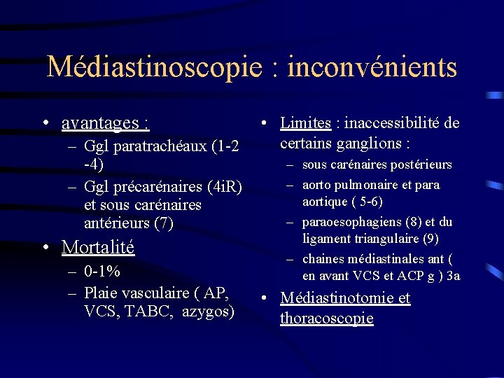 Médiastinoscopie : inconvénients • avantages : – Ggl paratrachéaux (1 -2 -4) – Ggl