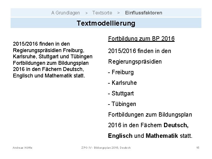 A Grundlagen > Textsorte > Einflussfaktoren Textmodellierung 2015/2016 finden in den Regierungspräsidien Freiburg, Karlsruhe,