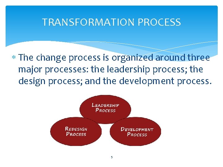 TRANSFORMATION PROCESS The change process is organized around three major processes: the leadership process;