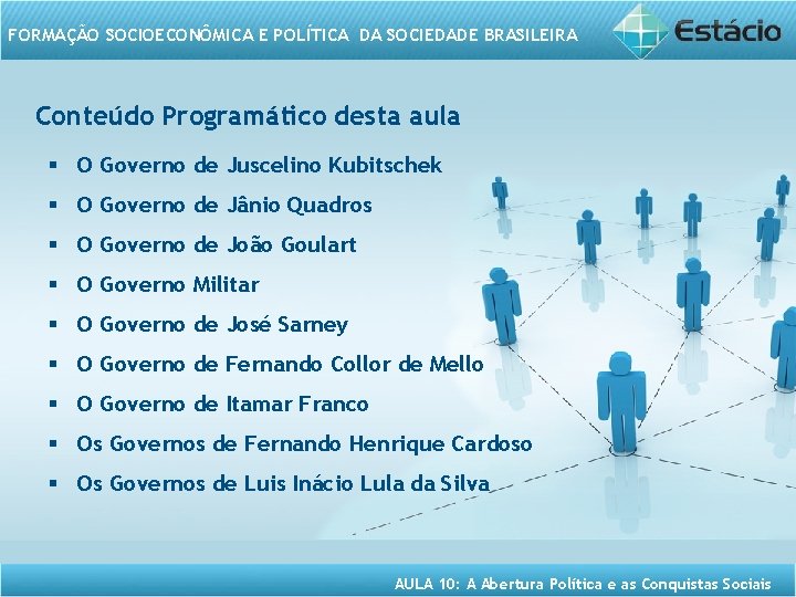 FORMAÇÃO SOCIOECONÔMICA E POLÍTICA DA SOCIEDADE BRASILEIRA Conteúdo Programático desta aula § O Governo