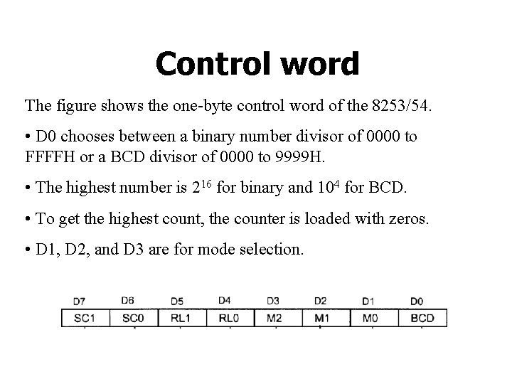 Control word The figure shows the one-byte control word of the 8253/54. • D