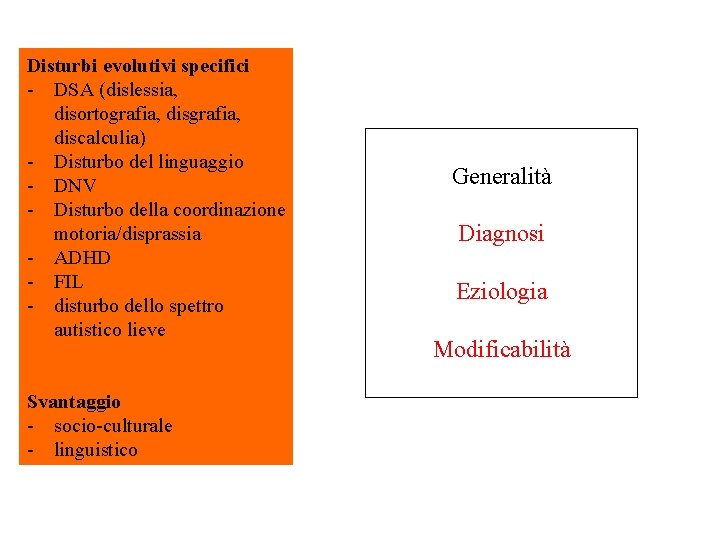 Disturbi evolutivi specifici - DSA (dislessia, disortografia, discalculia) - Disturbo del linguaggio - DNV