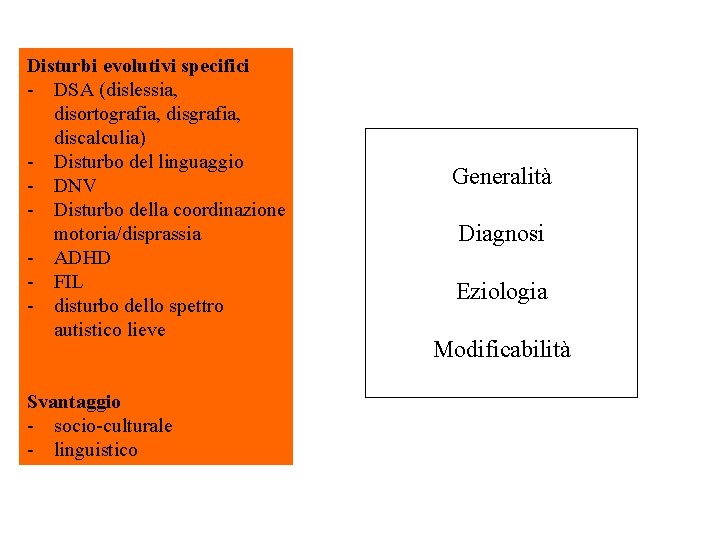 Disturbi evolutivi specifici - DSA (dislessia, disortografia, discalculia) - Disturbo del linguaggio - DNV