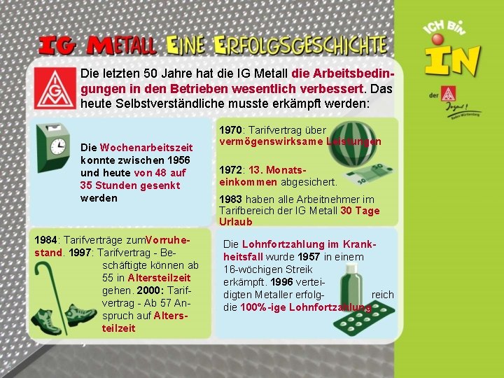 Die letzten 50 Jahre hat die IG Metall die Arbeitsbedingungen in den Betrieben wesentlich