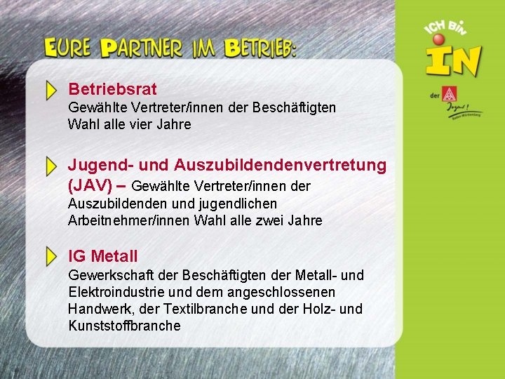 Betriebsrat Gewählte Vertreter/innen der Beschäftigten Wahl alle vier Jahre Jugend- und Auszubildendenvertretung (JAV) –