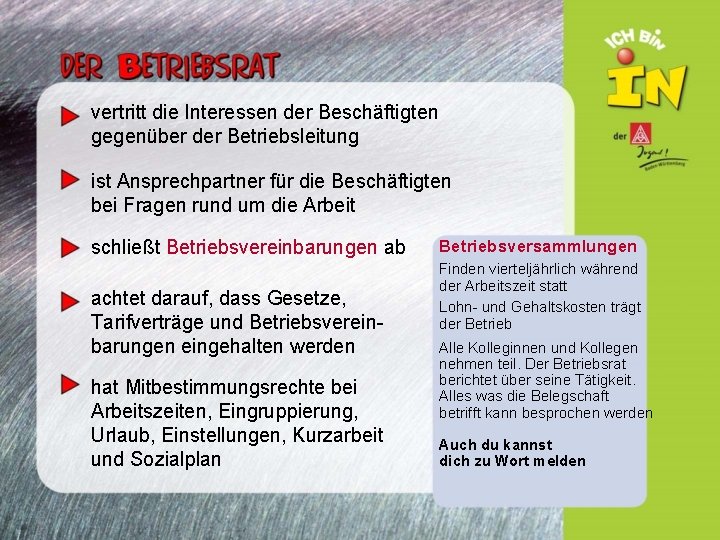 vertritt die Interessen der Beschäftigten gegenüber der Betriebsleitung ist Ansprechpartner für die Beschäftigten bei